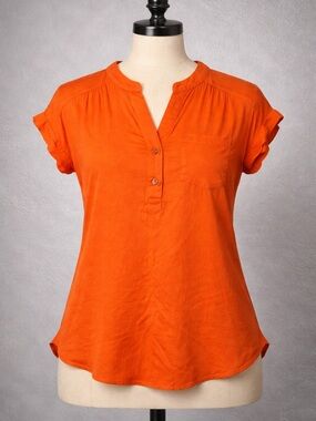 Women's Mandarin Collar Short-Sleeve Top - Orange
